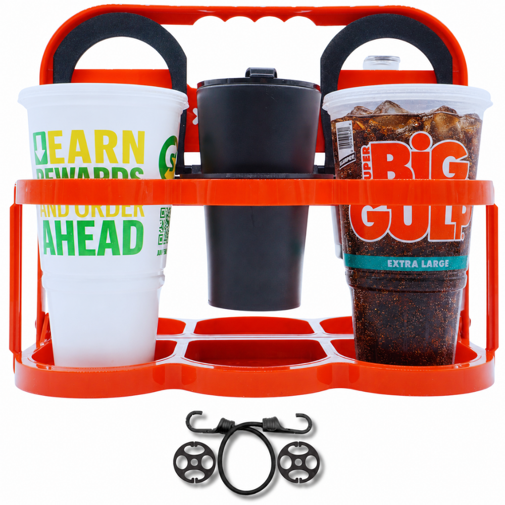 Crimson Red XL Caddy six-cup drink carrier with drinks and included seat kit