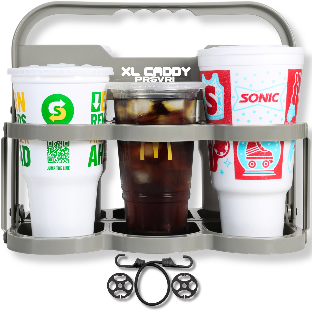 Graphite Gray XL Caddy six-cup drink carrier with drinks and included seat kit