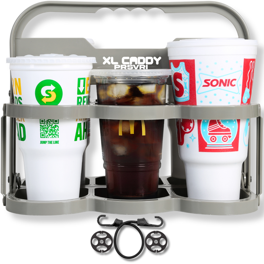 Graphite Gray XL Caddy six-cup drink carrier with drinks and included seat kit