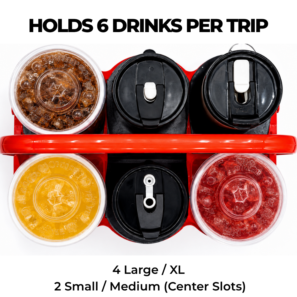 Top view of a red XL Caddy carrying six drinks in its cup holders