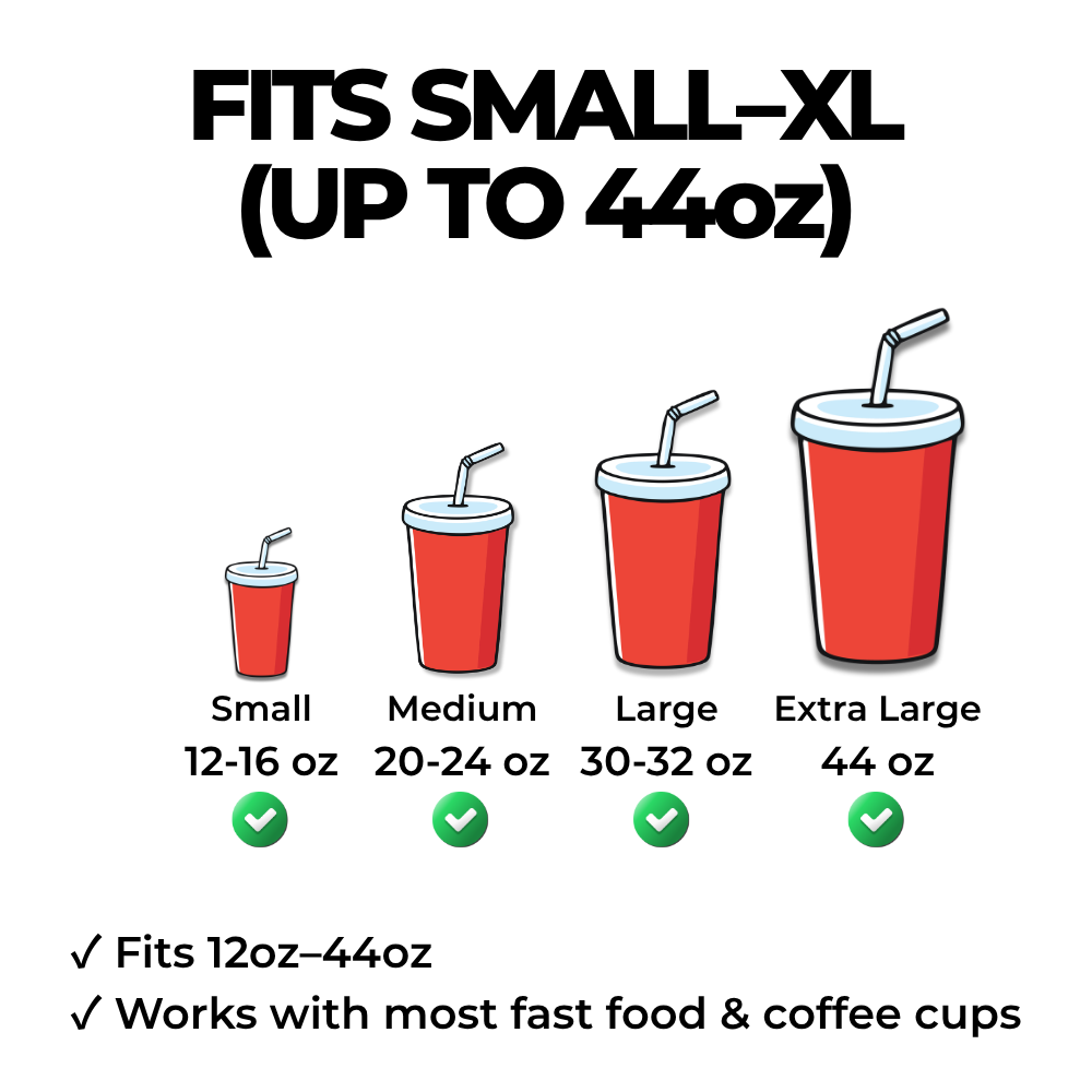 XL Caddy cup size guide showing small, medium, large, and 44 oz drink cups