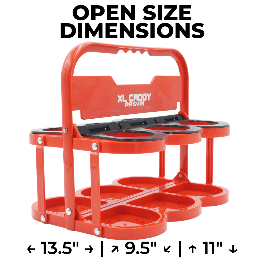 Open-size dimensions of the red XL Caddy six-cup drink carrier