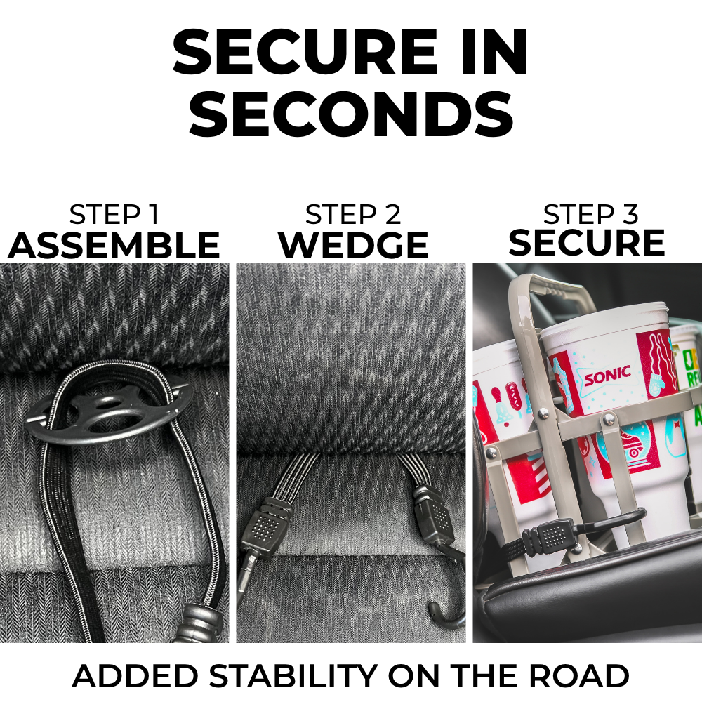 Three steps for securing XL Caddy on a vehicle seat with the included kit