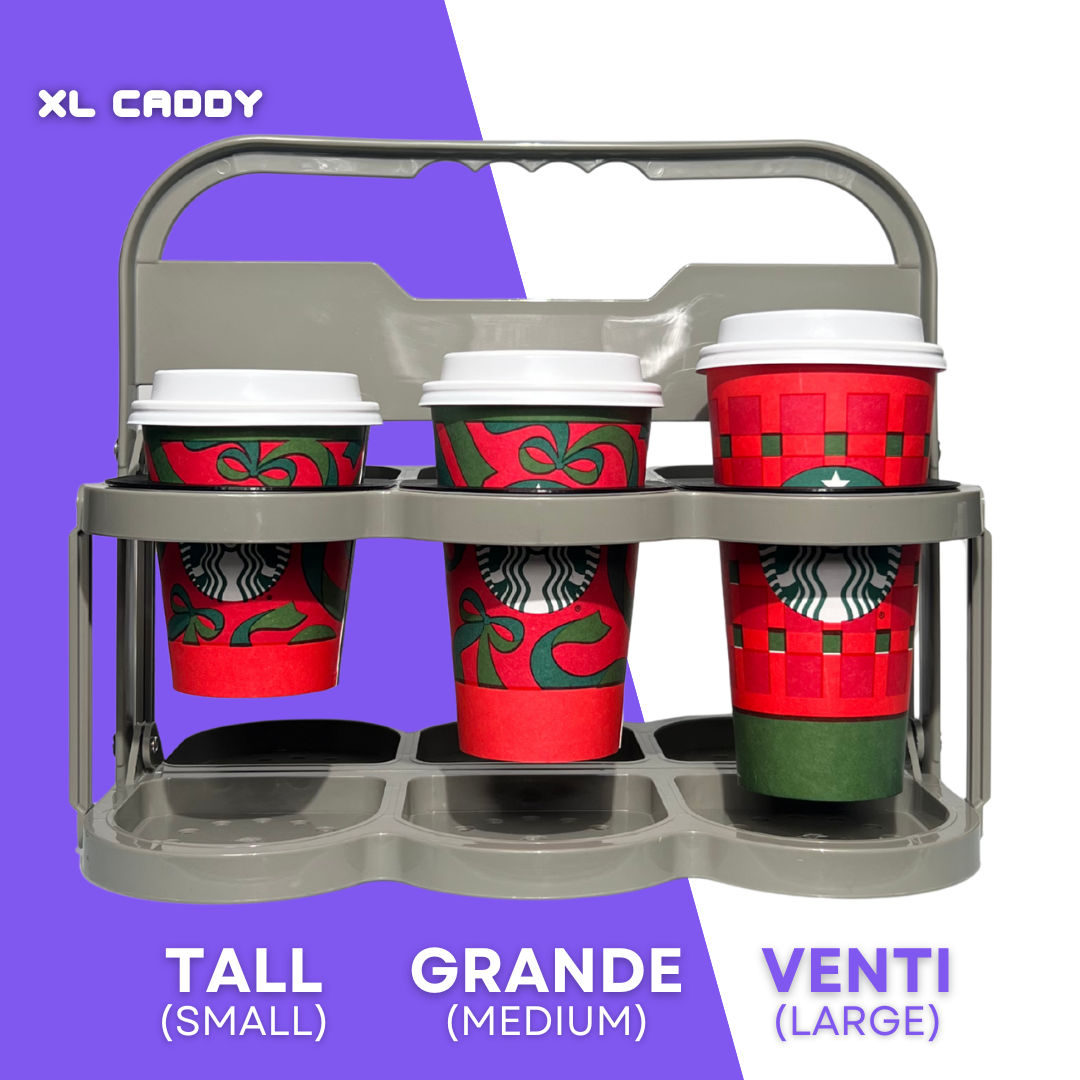 Doordash cup carrier holding popular coffee sizes (Tall, Grande, Venti) using custom inserts.