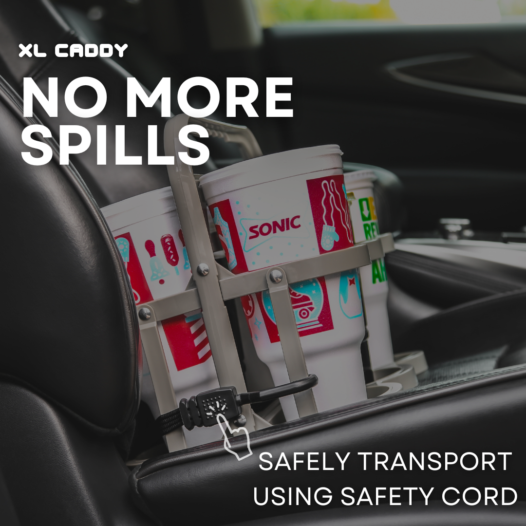 Anti-tip drink carrier for car use, showing the bungee cord securely strapped around the car seat.