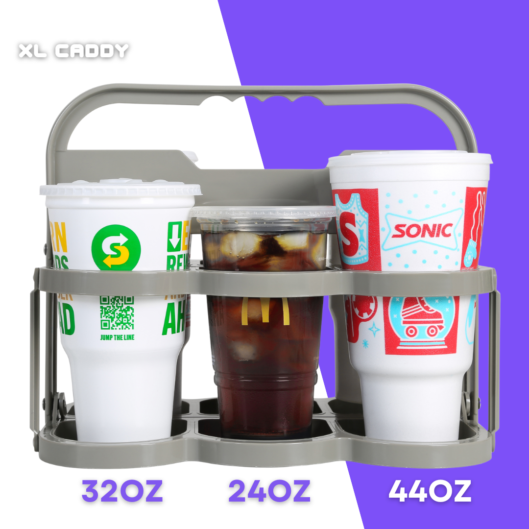 Drink carrier for delivery securely holding extra-large 24oz, 32oz, and 44oz fountain drinks.