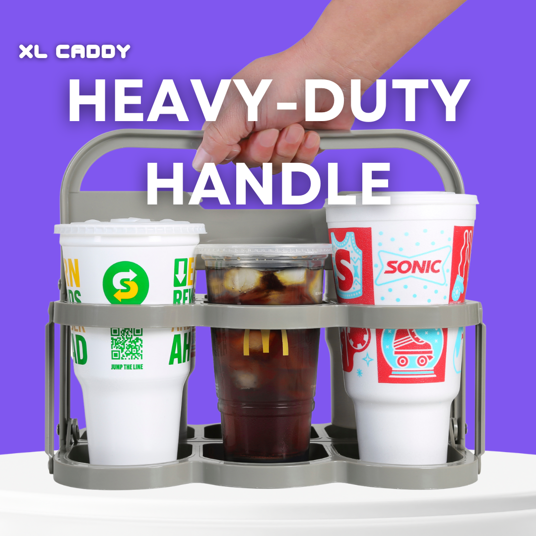 Hand grabbing the heavy-duty drink carrier with handle, securely holding large drinks.