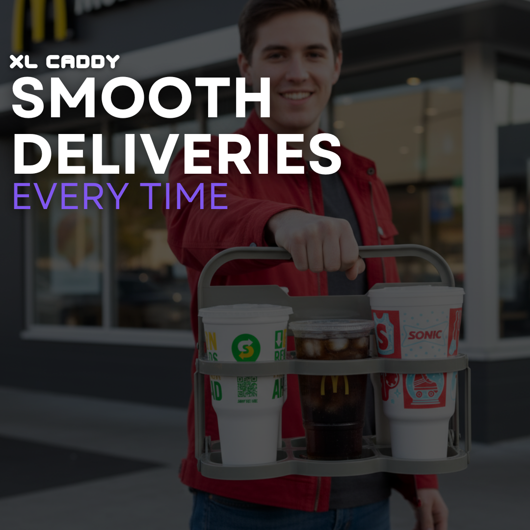 Smiling delivery driver holding the doordash cup holder with extra large sodas from McDonald's.