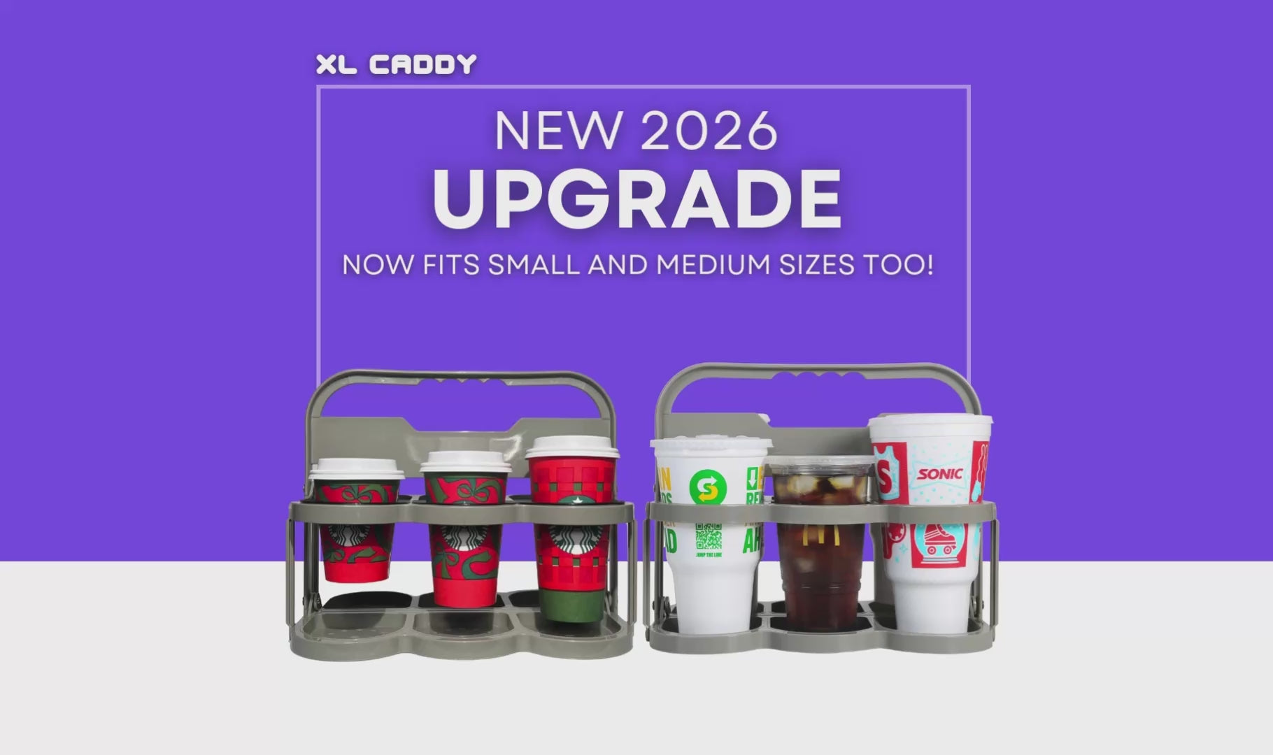 Load video: Video Demonstration: XL CADDY drink carrier for delivery drivers, showing secure fit for oversized cups, Venti Starbucks, and 7-Eleven XL.