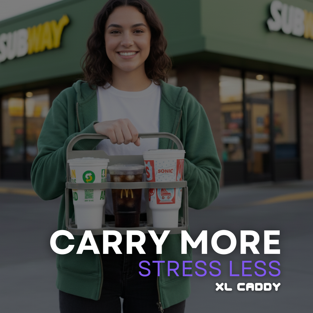 Professional drink carrier for delivery drivers holding extra large cups outside Subway, simplifying service.