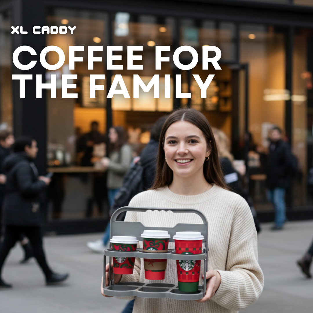 Woman using the drink carrier with handle to safely carry coffee cups out of a shop during a doordash delivery.