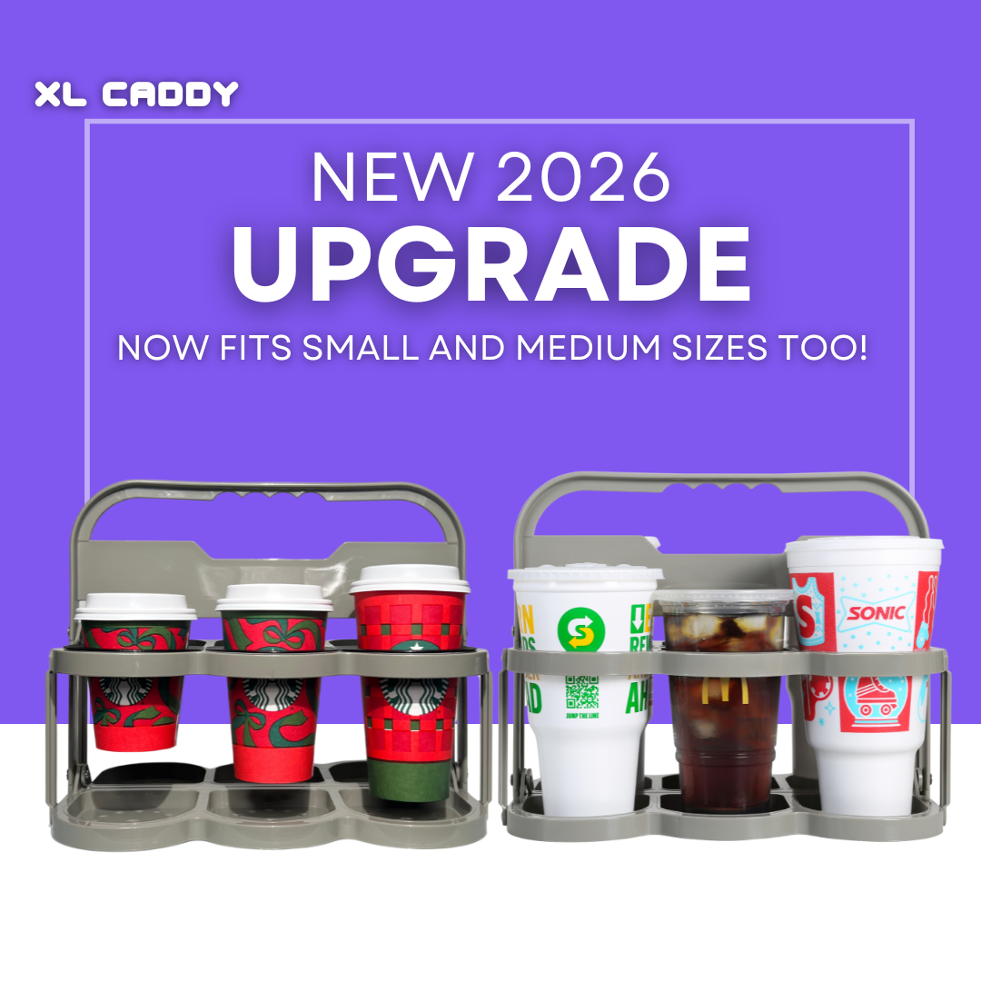 New 2026 XL CADDY doordash cup holder showing capacity for three coffees and three large sodas.
